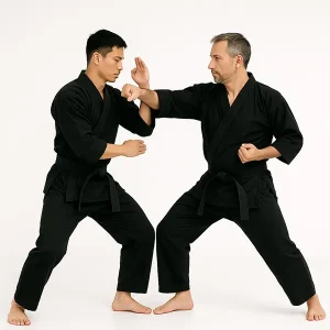 Zwei Männer in schwarzer Kleidung beim Kampfsport