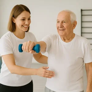 Frau mit älterem Herren beim Sport